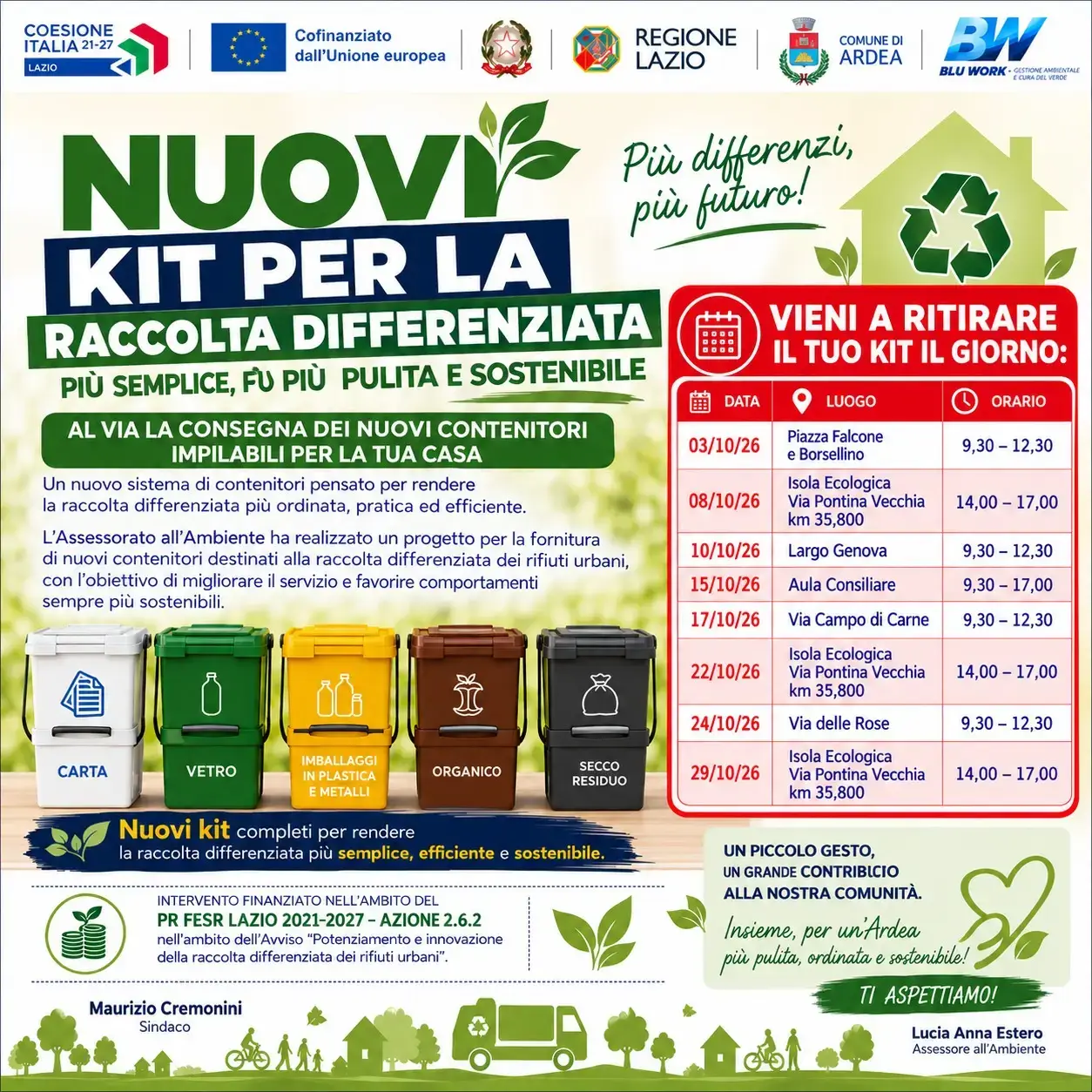Ardea, al via i nuovi kit per la raccolta differenziata: date e punti di ritiro