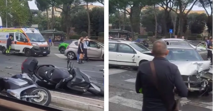 Maxi incidente a Roma: bus turistico travolge auto e scooter