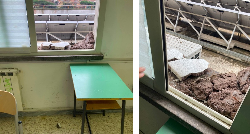 Crollano pezzi muro esterno al liceo Picasso di Pomezia: “E’ successo durante le lezioni”