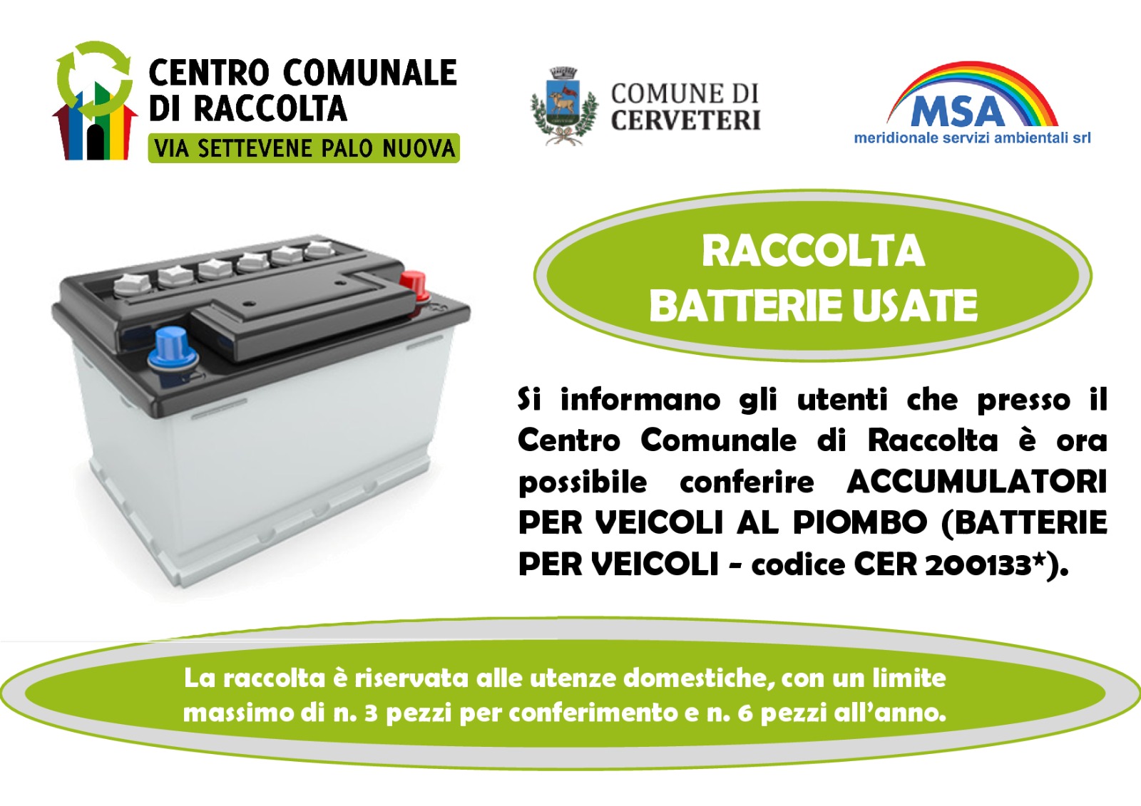 Cerveteri, batterie esauste delle automobili, ora si potranno conferire anche all’Isola Ecologica