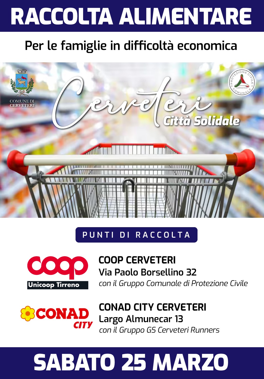 Cerveteri, sabato 25 marzo raccolta alimentare nei supermercati Coop e Conad City