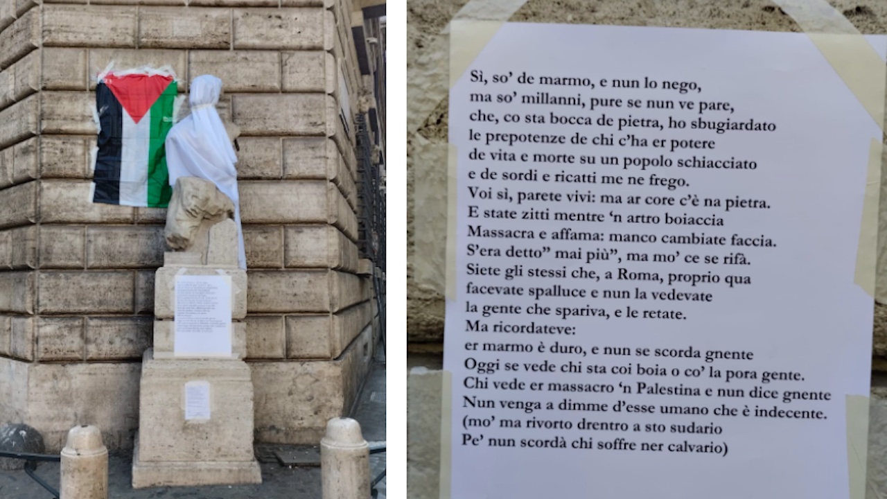 Blitz pro Gaza a Roma: bandiera palestinese e sudario sulla statua di Pasquino