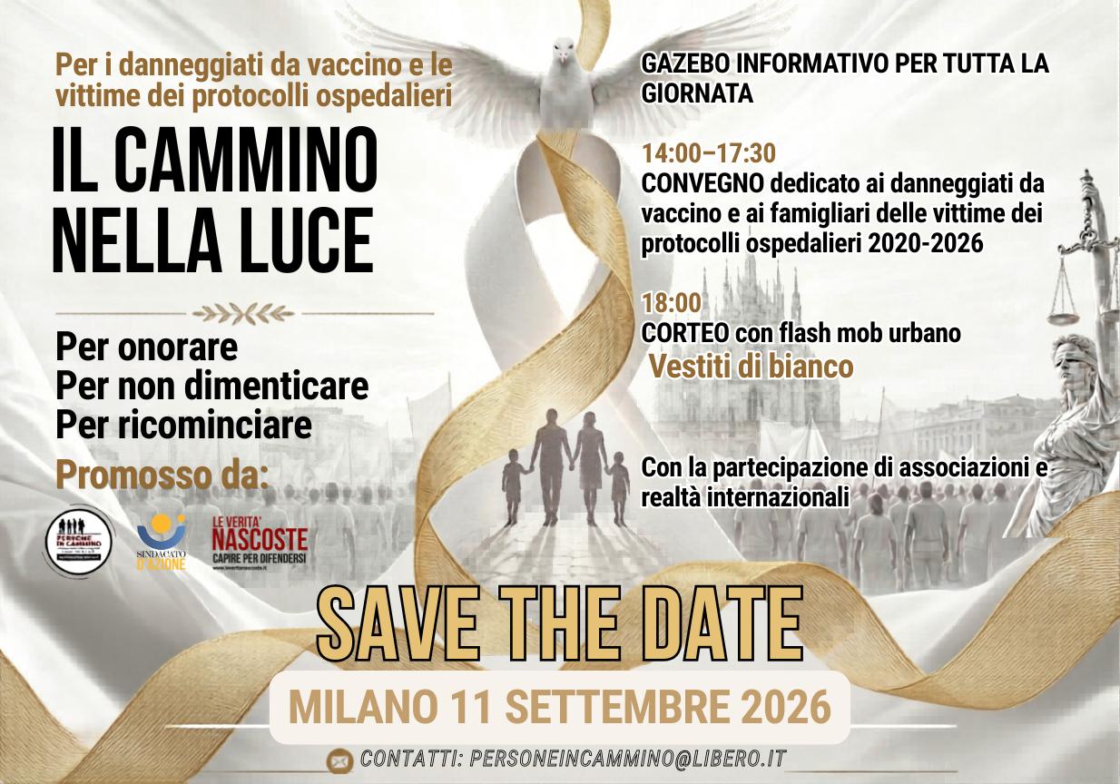 Locandina evento danneggiati dal vaccino a Milano