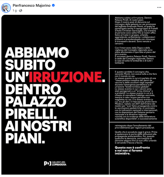 Il post del PD pubblicato da Majorino che denuncia un'irruzione