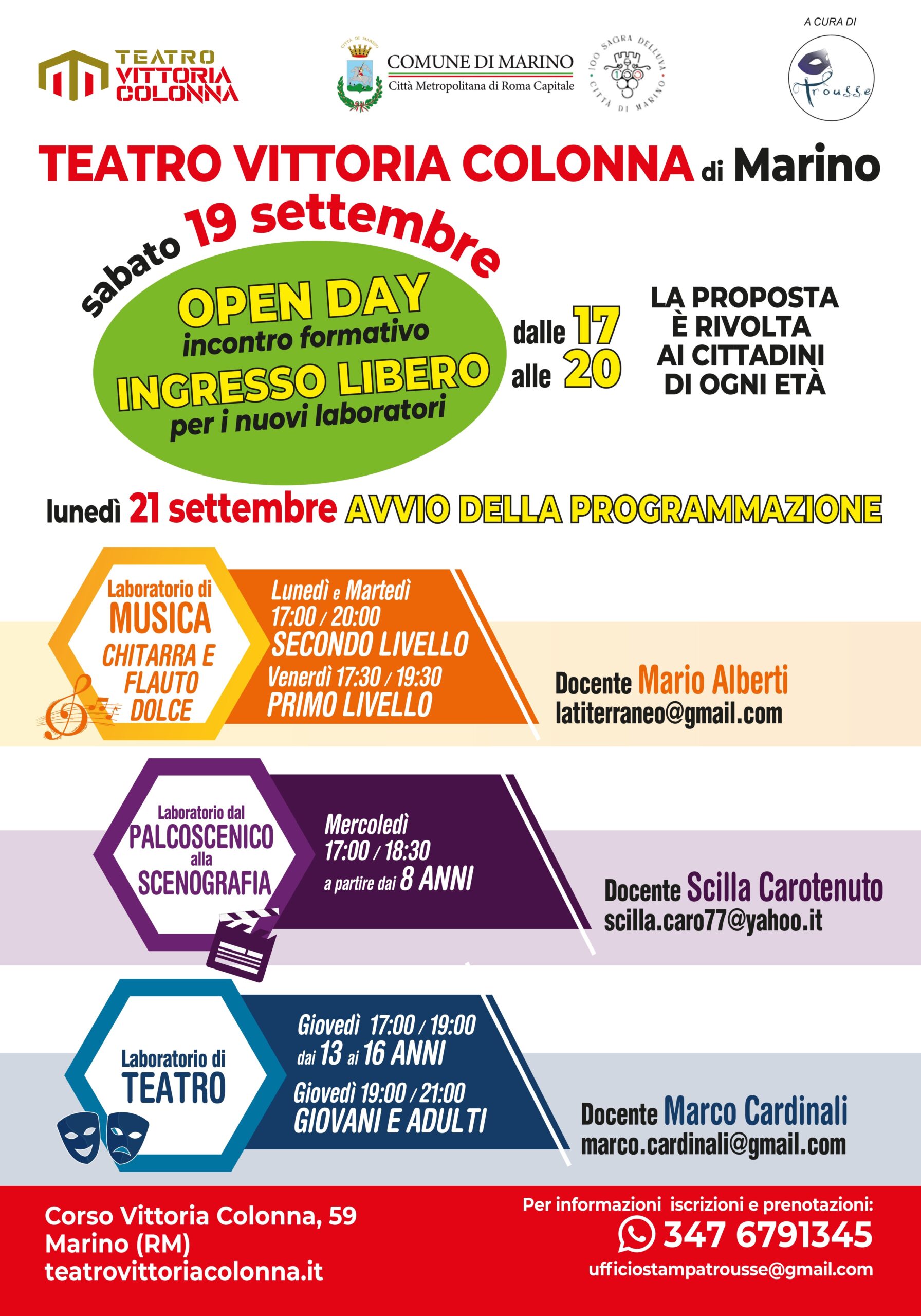 Marino: domani al Teatro Vittoria Colonna l’Open Day per i nuovi laboratori. Dalla musica al teatro