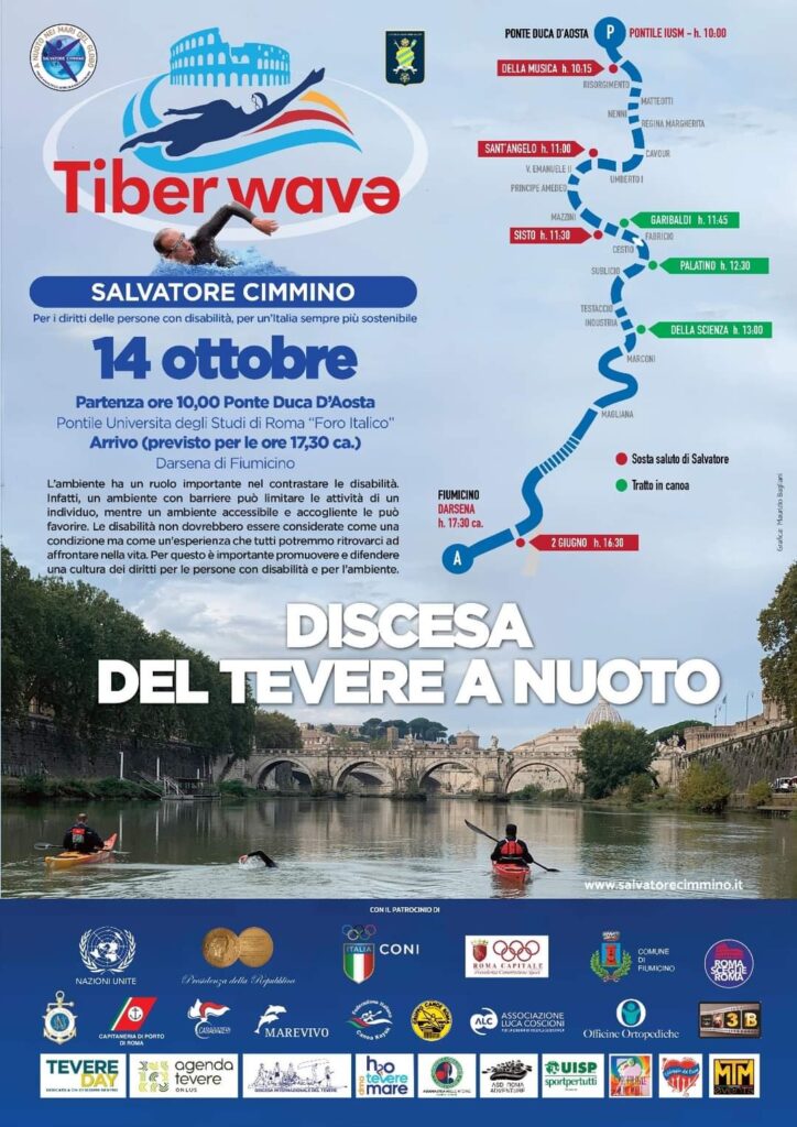 Salvatore Cimmino a nuoto nel Tevere per 50 km, da Roma a Fiumicino per i diritti dei disabili