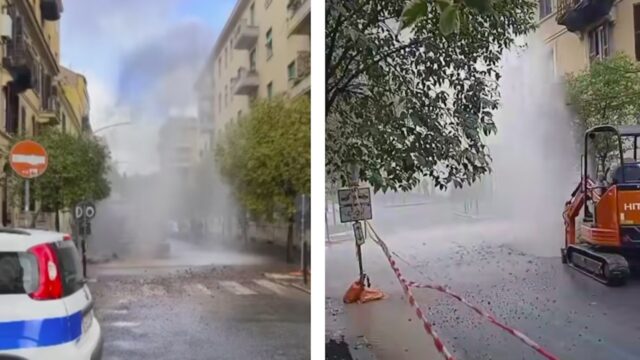 Geyser d’acqua a Roma, conduttura danneggiata: chiusa strada a San Giovanni