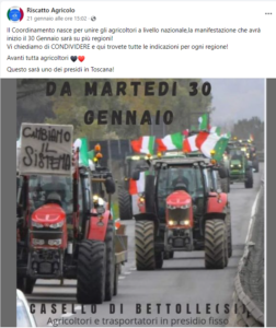 Riscatto Agricolo il 21 gennaio annuncia manifestazione trattori dal 30 gennaio